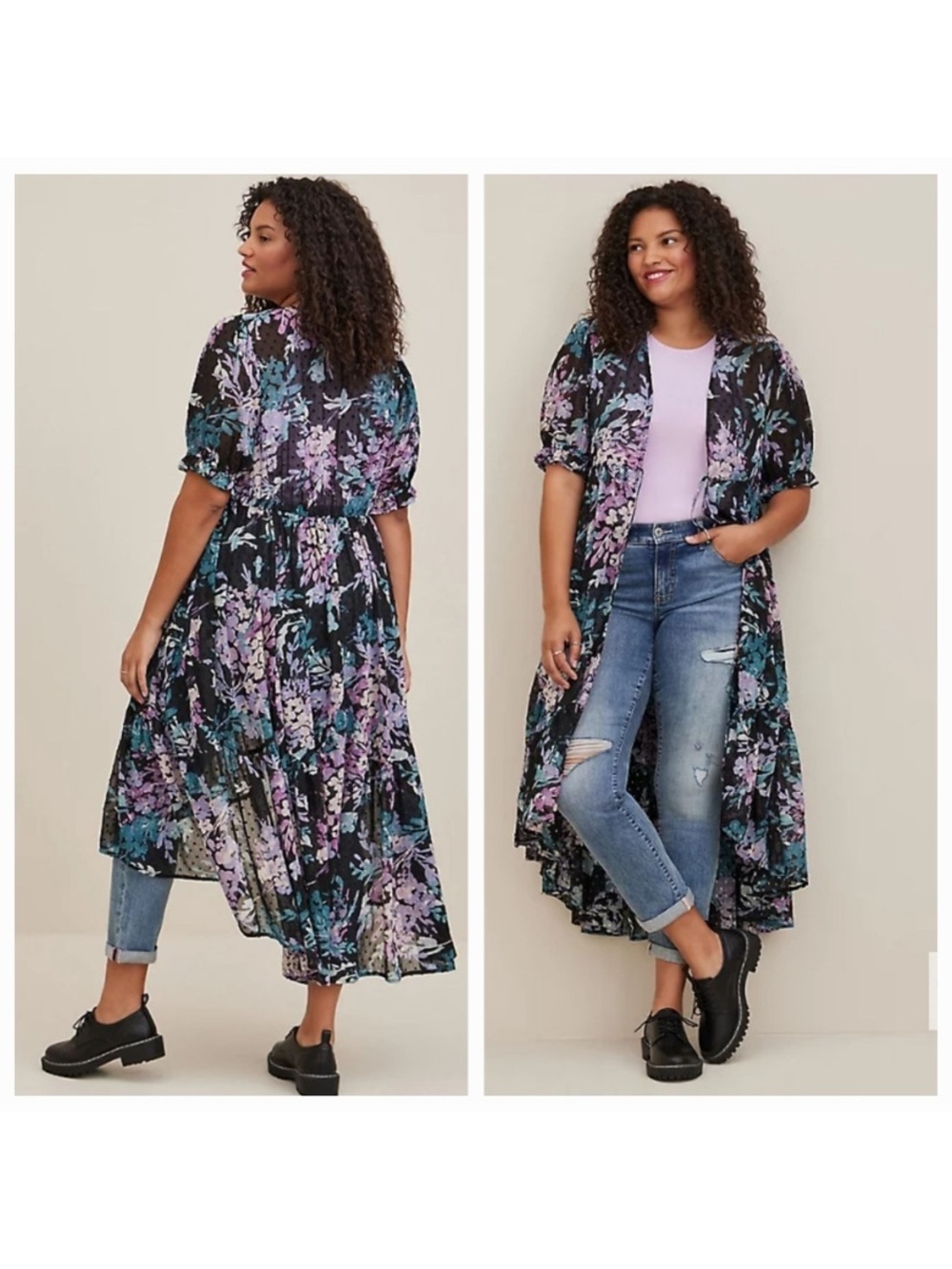 torrid Black Floral High-Low Chiffon Duster with Lavender & Teal Flowers